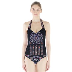 Chartres Cathedral Notre Dame De Paris Stained Glass Halter Swimsuit by Maspions