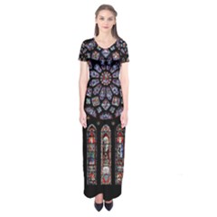 Chartres Cathedral Notre Dame De Paris Stained Glass Short Sleeve Maxi Dress