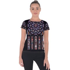 Chartres Cathedral Notre Dame De Paris Stained Glass Short Sleeve Sports Top  by Maspions