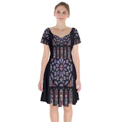Chartres Cathedral Notre Dame De Paris Stained Glass Short Sleeve Bardot Dress by Maspions