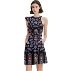 Chartres Cathedral Notre Dame De Paris Stained Glass Cocktail Party Halter Sleeveless Dress With Pockets
