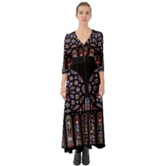 Chartres Cathedral Notre Dame De Paris Stained Glass Button Up Boho Maxi Dress