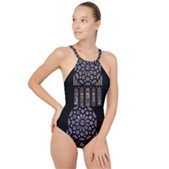 Chartres Cathedral Notre Dame De Paris Stained Glass High Neck One Piece Swimsuit