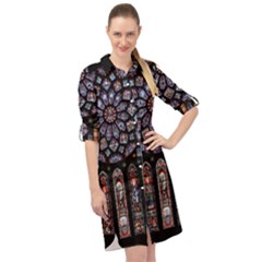 Chartres Cathedral Notre Dame De Paris Stained Glass Long Sleeve Mini Shirt Dress by Maspions