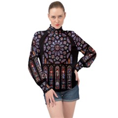 Chartres Cathedral Notre Dame De Paris Stained Glass High Neck Long Sleeve Chiffon Top