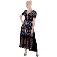 Chartres Cathedral Notre Dame De Paris Stained Glass Button Up Short Sleeve Maxi Dress