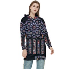 Chartres Cathedral Notre Dame De Paris Stained Glass Women s Long Oversized Pullover Hoodie