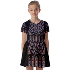 Chartres Cathedral Notre Dame De Paris Stained Glass Kids  Short Sleeve Pinafore Style Dress