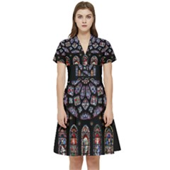 Chartres Cathedral Notre Dame De Paris Stained Glass Short Sleeve Waist Detail Dress