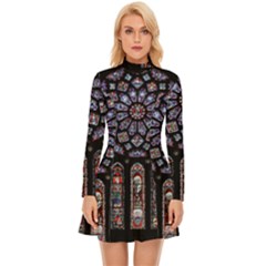 Chartres Cathedral Notre Dame De Paris Stained Glass Long Sleeve Velour Longline Dress