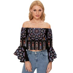 Chartres Cathedral Notre Dame De Paris Stained Glass Off Shoulder Flutter Bell Sleeve Top