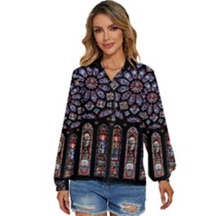 Chartres Cathedral Notre Dame De Paris Stained Glass Women s Long Sleeve Button Up Shirt