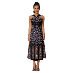 Chartres Cathedral Notre Dame De Paris Stained Glass Sleeveless Cross Front Cocktail Midi Chiffon Dress