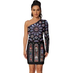 Chartres Cathedral Notre Dame De Paris Stained Glass Long Sleeve One Shoulder Mini Dress