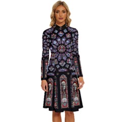 Chartres Cathedral Notre Dame De Paris Stained Glass Long Sleeve Shirt Collar A-line Dress by Maspions