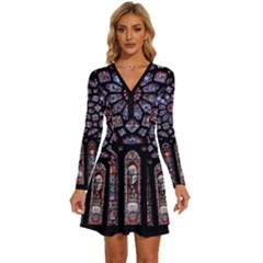 Chartres Cathedral Notre Dame De Paris Stained Glass Long Sleeve Deep V Mini Dress 