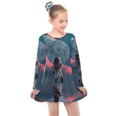 Astronaut Moon Space Nasa Planet Kids  Long Sleeve Dress by Maspions