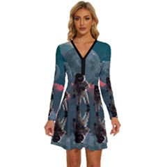 Astronaut Moon Space Nasa Planet Long Sleeve Deep V Mini Dress 