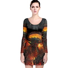 Dragon Fire Fantasy Art Long Sleeve Velvet Bodycon Dress by Maspions