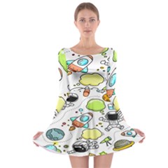 Sketch Cartoon Space Set Long Sleeve Skater Dress