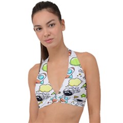 Sketch Cartoon Space Set Halter Plunge Bikini Top