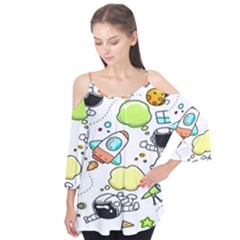 Sketch Cartoon Space Set Flutter Sleeve T-Shirt 