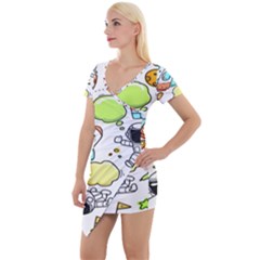 Sketch Cartoon Space Set Short Sleeve Asymmetric Mini Dress