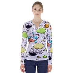 Sketch Cartoon Space Set V-Neck Long Sleeve Top