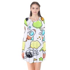 Sketch Cartoon Space Set Long Sleeve V-neck Flare Dress