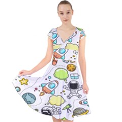 Sketch Cartoon Space Set Cap Sleeve Front Wrap Midi Dress