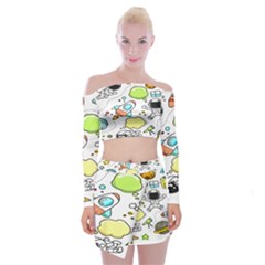 Sketch Cartoon Space Set Off Shoulder Top with Mini Skirt Set