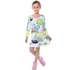 Sketch Cartoon Space Set Kids  Long Sleeve Velvet Dress