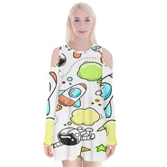 Sketch Cartoon Space Set Velvet Long Sleeve Shoulder Cutout Dress