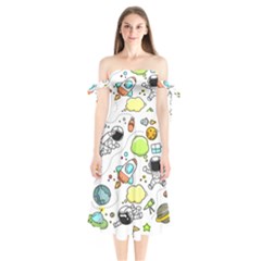 Sketch Cartoon Space Set Shoulder Tie Bardot Midi Dress