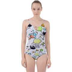 Sketch Cartoon Space Set Cut Out Top Tankini Set