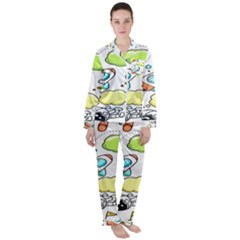 Sketch Cartoon Space Set Women s Long Sleeve Satin Pajamas Set	