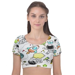 Sketch Cartoon Space Set Velvet Short Sleeve Crop Top 