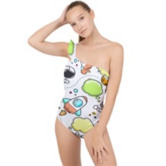 Sketch Cartoon Space Set Frilly One Shoulder Swimsuit