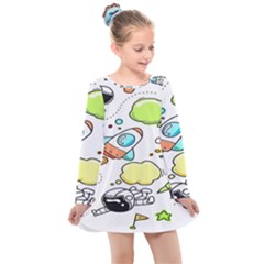 Sketch Cartoon Space Set Kids  Long Sleeve Dress