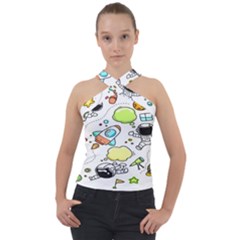 Sketch Cartoon Space Set Cross Neck Velour Top