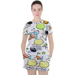 Sketch Cartoon Space Set Women s T-Shirt and Shorts Set