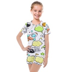 Sketch Cartoon Space Set Kids  Mesh T-Shirt and Shorts Set