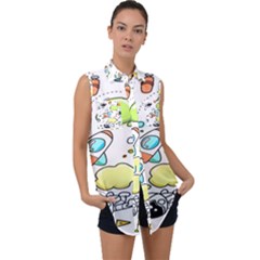 Sketch Cartoon Space Set Sleeveless Chiffon Button Shirt