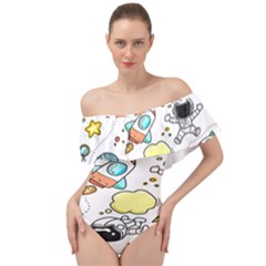 Sketch Cartoon Space Set Off Shoulder Velour Bodysuit 