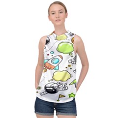 Sketch Cartoon Space Set High Neck Satin Top