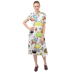 Sketch Cartoon Space Set Keyhole Neckline Chiffon Dress