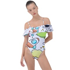 Sketch Cartoon Space Set Frill Detail One Piece Swimsuit