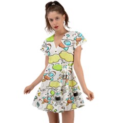 Sketch Cartoon Space Set Flutter Sleeve Wrap Dress