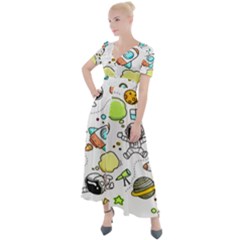 Sketch Cartoon Space Set Button Up Short Sleeve Maxi Dress