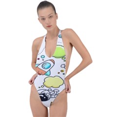 Sketch Cartoon Space Set Backless Halter One Piece Swimsuit by Hannah976